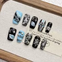 Faux ongles à presser en gros, faits à la main, bleu ciel étoilé, courts, forme amande, en acrylique, avec accents dégradés