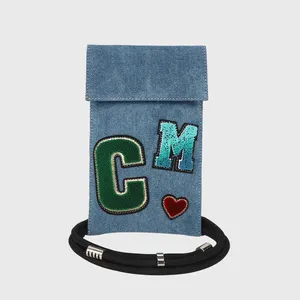 Fashion Shoulder Mobile Phone Pouch Purse Custom Plush Letter Logo Denim Female Slim Crossbody Jean Cell Phone Bag