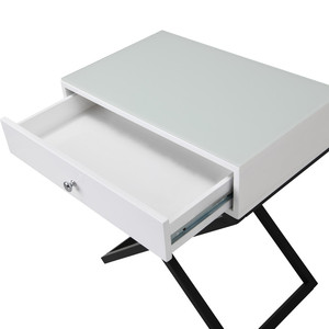 Koraldo 23W White Wooden <b>Side</b> <b>Table</b> With Glass Top <b>Drawer</b> Metal Cross Base Nightstand - Product Image 6