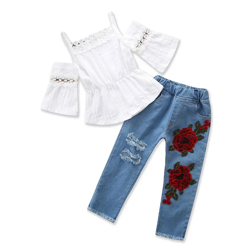 2021 neue trendy mode kinder kleidung weiß häkeln off schulter top + stickerei jean hosen hohe qualität mädchen kleidung sets