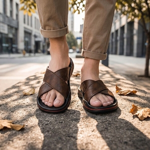 <span class=keywords><strong>Ciabatte</strong></span> da Spiaggia per Uomo in Vera Pelle Premium <span class=keywords><strong>con</strong></span> Cinturino Incrociato e Soletta Massaggiante, Leggere e Ammortizzate, Taglie Grandi - Product Image 1
