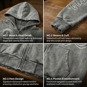 Sweat à capuche surdimensionné à fermeture éclair intégrale pour homme, lavage vintage personnalisé, fournisseur de qualité supérieure, poids lourd, 100% coton, sweats à capuche délavés pour streetwear - Product Image 2