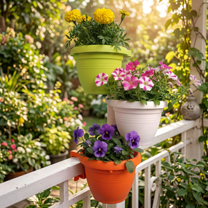 Pot de fleurs suspendu moderne en PP, design circulaire orange, blanc et vert, pour montage sur rail de jardin, jardinière pour fleurs et plantes vertes, utilisation extérieure - Product Image 1