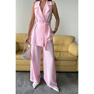 Ensemble gilet rose sans manches et pantalon large pour femme, taille S, tissu aspect lin, tenue décontractée - Product Image 5