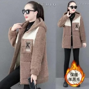 Color Blocked Mid Length Lamb Fleece Coat With Zipper Thick Lining Women Autumn Winter Korean Style Loose Fit Warm Outerwear - Product Image 1