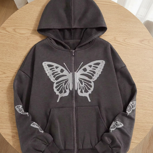 Sudadera con Capucha Unisex Gris Oscuro con Cierre y Estampado de Mariposa Plateada, Corte Holgado Informal para Otoño - Product Image 2