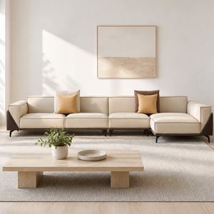 Sofá Seccional en Forma de L, Dos Tonos de Cuero, Costuras en Contraste, Chaise Longue Esquinera Modular, Patas Metálicas Tapizadas, para Sala de Estar, Hotel, Villa - Product Image 2