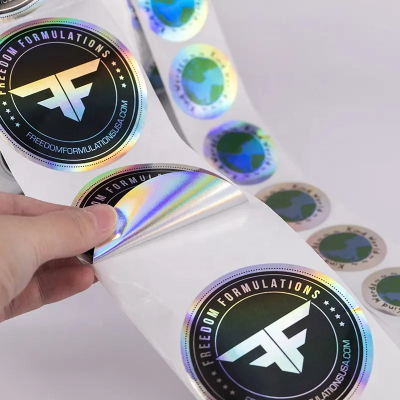 Benutzer definierte private Logo Druck Regenbogen Farbe Hologramm Aufkleber, selbst klebende Rolle glänzende holo graphische Etikett