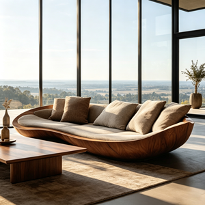 Divano con telaio in fibra di vetro rivestito in simil legno, con struttura a onda, in lino beige, per una moderna residenza con vista sul <span class=keywords><strong>montagna</strong></span> - Product Image 1