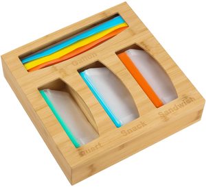 Bamboo Ziplock Bag Storage Organizer for Drawer, Laser Printing Ziploc Food Sandwich Storage Bag Organizer Holder