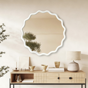 White 36 Inch Wavy <b>Round</b> Solid Wood Frame Decorative <b>Mirror</b> For Bedroom <b>Bathroom</b> Living Room Entryway - Product Image 2