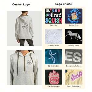 OEM Vintage Gris Gym Polaire Sérigraphie Coton Blanches Sweats À Manches Longues Sweat À Capuche Surdimensionné Demi Zip Pull Femmes - Product Image 2