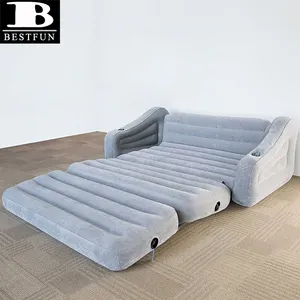 heavy duty flocked inflatable 2-in-1 pull-out sofa air mattress durable comfort queen size blow up double louger sofa bed