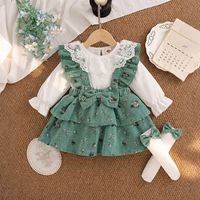 Ensemble bébé 2026 avec haut à col rond en dentelle à motif feuille + robe fleurie dos nu avec chaussettes