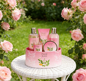Coffret cadeau de bain parfumé aux fleurs de luxe, 5 pièces, coffret cadeau rose pour le soin du corps pour femmes, avec gel douche, lotion, bougie et crème de bain pour femmes - Product Image 4