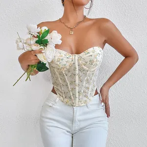 Sweet Style Mesh Lace Up Tops Women Sexy Floral Embroidery Wrap Bra Fishbone Waist Vest Tops Corset Tops Women