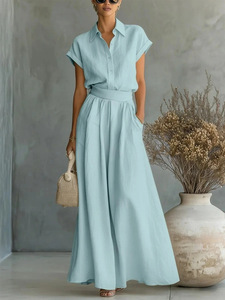 Traje de Dos Piezas para Mujer, Color Sólido, Camisa con Botones y Manga Corta, Pantalones Largos de Cintura Alta con Pliegues y Pierna Ancha, Atuendo Casual para Vacaciones - Product Image 6