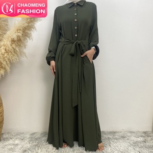 6771# New Bubble Chiffon Dress Shirt Collar Half Front Buttons Belt Sew With Side Together Side Pockets Fashion Eid Abaya Dress - Product Image 1