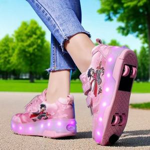 Flashing Roller Shoes For Kids With Led Lights And Double Row Wheels Plastic Material Pink Design - Product Image 1