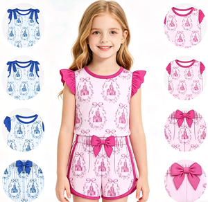 Conjuntos de Shorts de Verano para Niñas, Casuales, con Lazo, Transpirables, de Algodón y Spandex, Ropa para Hermanas al por Mayor - Product Image 1