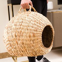 Lit rond pour chat et chien en coton naturel tressé, nid pour animaux de compagnie toutes saisons avec griffoir, maisonnette portable pour animaux de compagnie d'intérieur