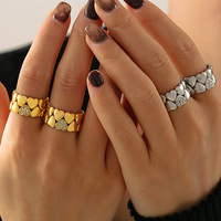 Bague Cœur Double Couche Empilée Vintage Style Moyen Âge avec Diamant, Plaqué Or Véritable 18K, Acier Inoxydable pour Femme