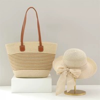 Ensemble sac de plage et chapeau d'été fait main, grand sac fourre-tout en paille pour femme, idéal pour les vacances en bord de mer, vente en gros