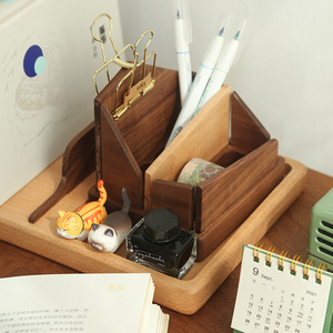 <b>Solid</b> Black Walnut <b>Wood</b> <b>Desk</b> Organizer Multi Functional Pen Holder Name Card Storage Box Office Stationery Set - Product Image 2
