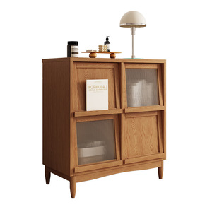 Japanese Style Solid Wood <b>Sideboard</b> With Glass Doors Teak Color Storage Cabinet For Kitchen Modern Minimalist Design - Product Image 5