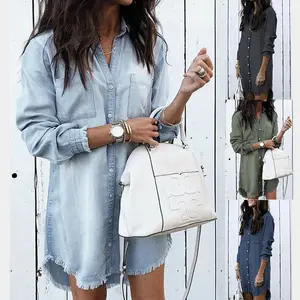 Ladies New Oversized Women's Jeans Shirt Tassels Casual Long Sleeve Shirt Denim Skirt Dress Plus Size Women's Blouses & Shirts