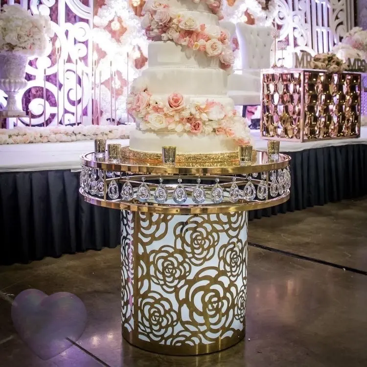 Parte superior redonda de vidro de luxo, base branca elegante dourada decoração de bolo de casamento mesa personalizada decoração de festa