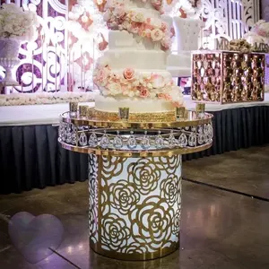 Luxury Round Glass Top White Base Elegant Gold Wedding Cake Decoration Table Customized Party Decoration