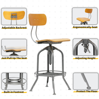 Tabouret de bar industriel à hauteur réglable, chaise de bar pivotante à 360 degrés avec dossier réglable pour café, restaurant, bar