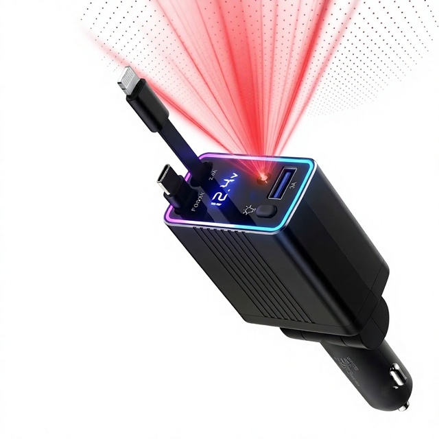 Cross-border 4-in-1 120W Car Fast Charger 80cm Retractable Cable Digital Display Ambient Lights Multi-Function Power Adapter