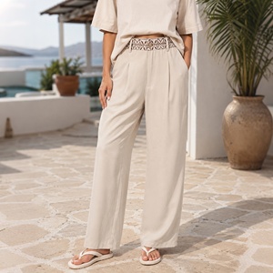 <span class=keywords><strong>Pantaloni</strong></span> Larghi Boho <span class=keywords><strong>Beige</strong></span> da <span class=keywords><strong>Donna</strong></span> con Dettaglio Ricamato in Vita, Vita Alta, Effetto <span class=keywords><strong>Lino</strong></span> Fluido, <span class=keywords><strong>Pantaloni</strong></span> Estivi da Spiaggia - Product Image 1