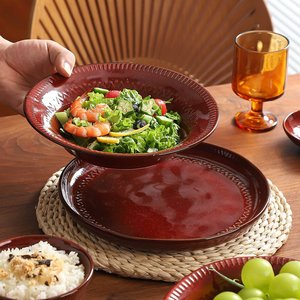 Juego de Platos y Tazones de Cerámica Vintage con Efecto de Horno, Color Rojo <span class=keywords><strong>Carmen</strong></span>, Vajilla para Restaurante y Hogar, Plato para Sopa, Plato para Pizza, Cocina - Product Image 4