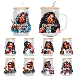 Hermosas pegatinas UV DTF <span class=keywords><strong>de</strong></span> chica negra con buena energía para vasos, listas para aplicar, pegatinas <span class=keywords><strong>de</strong></span> transferencia duraderas para vasos <span class=keywords><strong>de</strong></span> vidrio <span class=keywords><strong>de</strong></span> 16 oz y termos. - Product Image 1