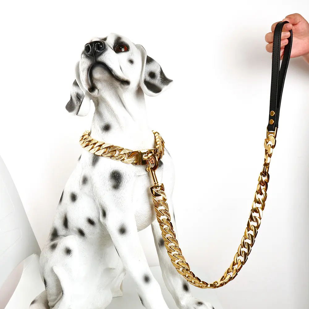 Cadeia de ouro Hardware Pet Collar Heavy Duty Aço Inoxidável Pet Cubano Link 32mm Largura Dog Collar e Trela