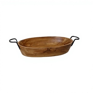 Bol à salade en bois avec poignées en fer, forme ovale, pour la maison, l'hôtel, les mariages. - Product Image 1