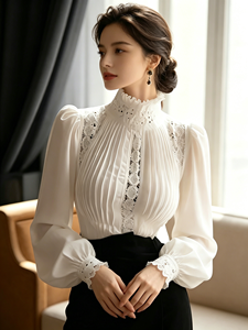 Blusa Elegante Blanca de Cuello Alto para Mujer, Estilo Casual para Oficina, Color Sólido, Manga Larga - Product Image 4
