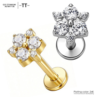Boucles d'oreilles en forme de fleur en alliage de titane TT ASTM F136 plaqué or avec zircon, de qualité implantable, pour piercing corporel, style tendance