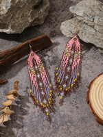 Boucles d'oreilles longues de fée faites à la main, style européen et américain, avec pampilles en cristal rose et perles de riz contrastées rose et violet