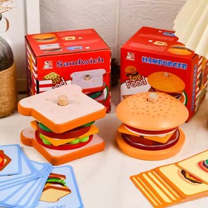 Jouets de cuisine en bois pour enfants, en forme de hamburger et sandwich, à empiler, pour jeu d'imitation, pour bébés, filles et garçons - Product Image 2