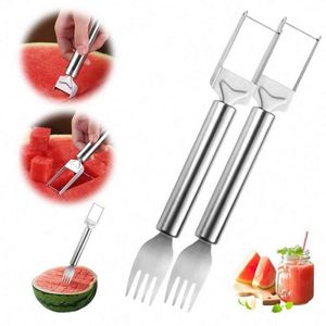 2-in-1 Dual Head Stainless Steel Watermelon Cutter Home <b>Kitchen</b> <b>Gadget</b> Fork Silcer Fruit Knife Fork Watermelon Cutter - Product Image 1