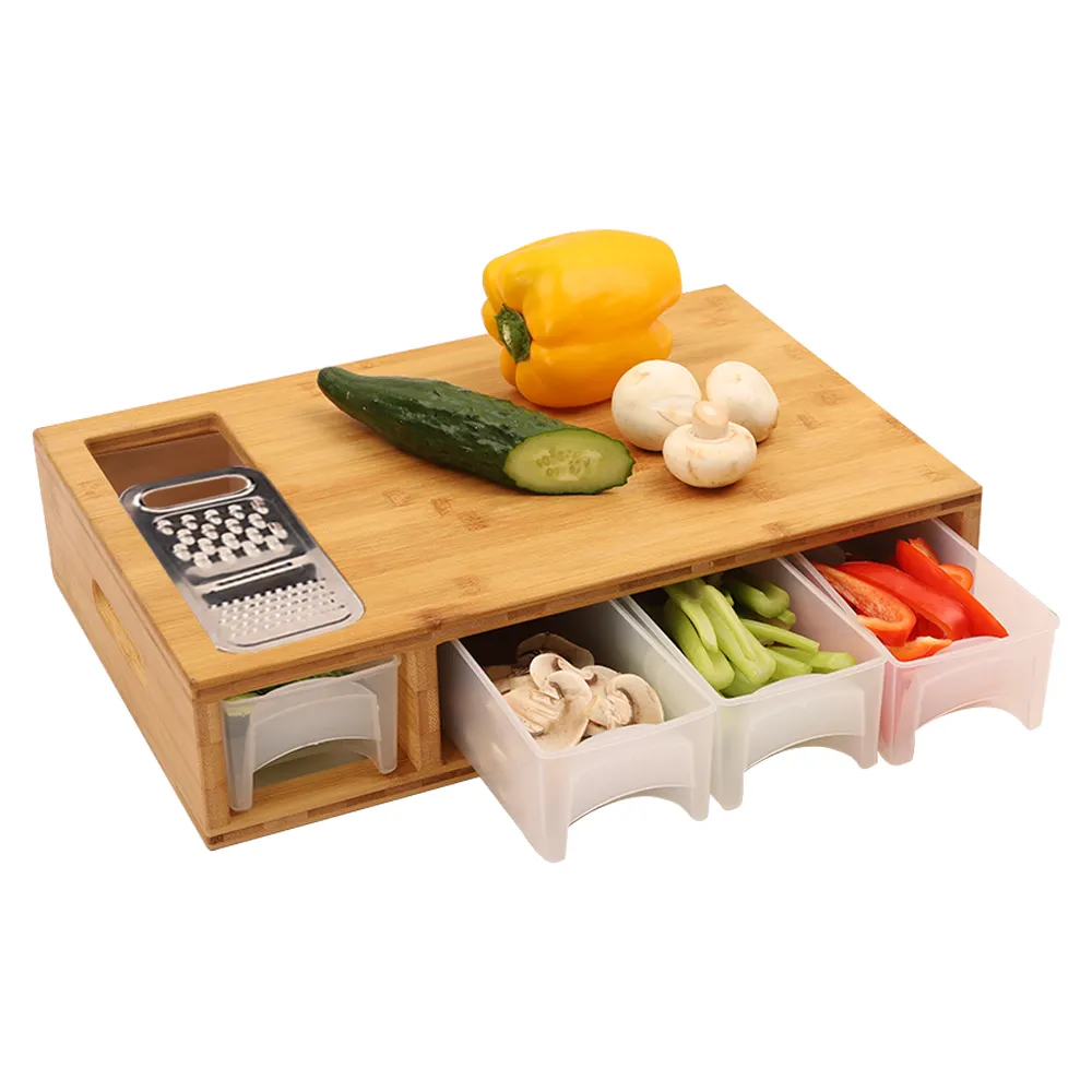 Wood Cutting Board with Containers Kitchen Vegetable Chopping Board Extra Large Bamboo with 4 Trays Chopping Blocks