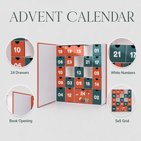Calendrier de l'Avent de Luxe Style Livre, Boîte en Papier Rouge Orange, 24 Tiroirs Vert Orange Brûlé, Compte à Rebours de Noël, Vente en Gros OEM