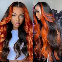Perruques de haute qualité couleur gingembre noir, perruque de cheveux humains HD 13x4 sans colle, perruque ondulée avec mèches, pré-plumée