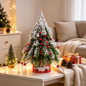 Albero di Natale Artificiale Mini Floccato con Bacche Rosse per Interni, Centrotavola Decorativo per le Festività - Product Image 1