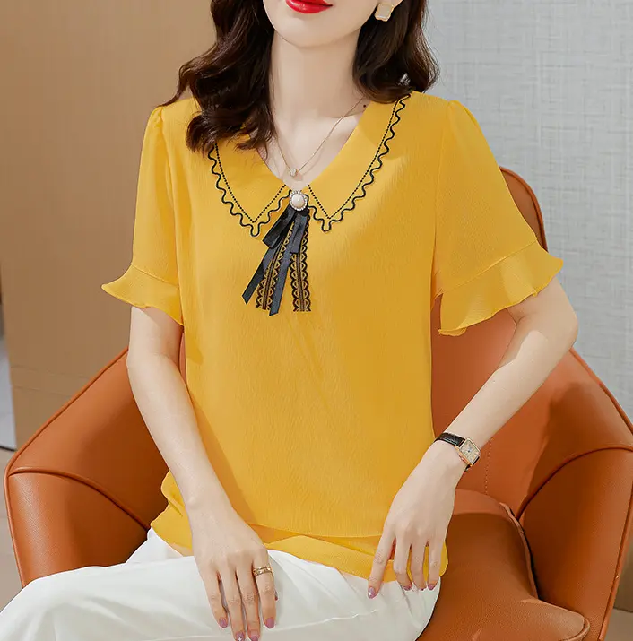 नवीनतम नई डिजाइन महिलाओं टी शर्ट कोरियाई फैशन गर्मियों लघु आस्तीन देवियों ब्लाउज गर्मियों में सबसे ऊपर