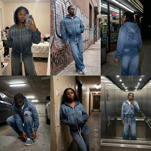 Customizable Denim Blue Embroidered DTG Print Tracksuit Custom Men Streetwear <strong>Hoodie</strong> Flared Jeans Rhinestone Street Clothing - Product Image 2